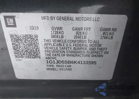 2019 Chevrolet Sonic Lt Auto из США, поврежденный, VIN 1G1JD5SB6K4133595